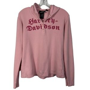 Vintage Y2K Harley Davidson Pink Hooded Thermal Long Sleeve Henley Top Grunge L
